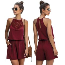 Women Lace Patchwork Playsuit Sexy Halter Hollow Out Backless Wide-leg Jumpsuit Solid Romper Summer Cotton Short Overalls Ladies 210507