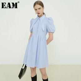 [EAM] Women Blue Big Size Vintage Shirt Dress Lapel Short Puff Sleeve Loose Fit Fashion Spring Summer 1DD89540 210512