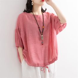 Summer Arts Style Women Batwing Sleeve O-neck T-shirt Drawstring Design Cotton Loose Tee Shirt Femme Tops Big Size M121 210512