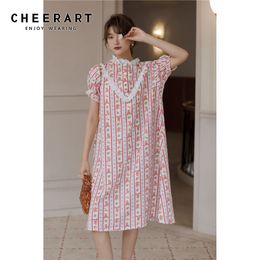 Pink Vintage Lace Neck Puff Sleeve Long Summer Dress Women Straight Cartoon Print Striped Korean 210427