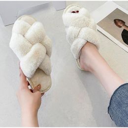 Slippers Fluffy For Women Plus Velvet Warm Outside Cross Strap Ladies Flats Shoes Autumn Winter Home Indoor Female Floor Slipper