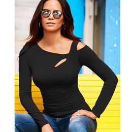 New Women Autumn T-shirt Solid Stretchy Hollow Out Cold Shoulder Slim Sexy Tight Long Sleeve Casual Tops Pullovers Female Shirts X0628