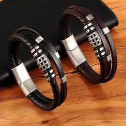 Punk Style Personality Men Jewelry Genuine Leather Bracelet Black/Brown Color Multi Layer Stainless Steel Accessories Gift Anklets