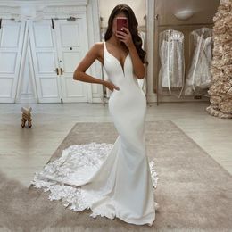 Mermaid Wedding Dress Boho V-Neck Appliques Lace Elegant Elastic Bride Gown Simple Train Custom Made Bridal Dresses 2021