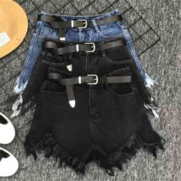 summer fashion irregular denim shorts women high waist tassel black wide leg jeans shorts 210611