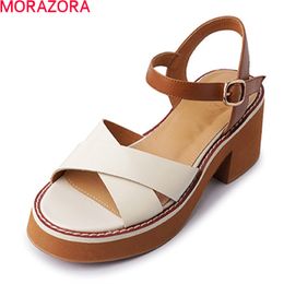 MORAZORA Fashion Genuine Leather Sandals Women Square Heels Round Toe Platform Party Casual Shoes Summer Ladies Sandals 210506