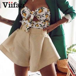 Viifaa Apricot High Waist Pleated Wide Leg Flared Shorts Women Fashion Summer Spring Ladies Sexy Mini 210719