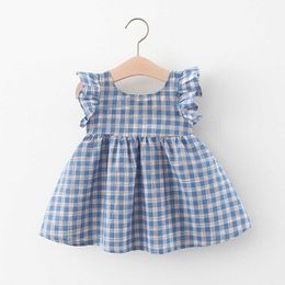 2021 Summer Newest Baby Clothes Toddler Kids Girls Sleeveless Grid Blue Princess Dresses For Birthday Party Q0716