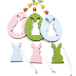 Easter Wooden Hanging Pendant DIY Solid Colour Egg Bunny Shaped Ornament Happy Easter Decoration XDJ174