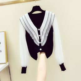 Korean Style Autumn Fashion Womens Ruffles Patchwork V Neck Knitted Shirt Tops Female Long Sleeves Blouses Shirts A2754 210428