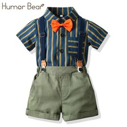 Children's Suit Fashion Summer Boys Clothes Retro stripes Short-Sleeved T-shirt+ Overalls+ BowTie Baby Kids Clothing 210611