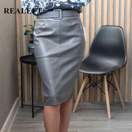 REALEFT Stylish PU Leather Wrap Midi Skirts with Belt Autumn Winter Women High Waist Sheath Pencil Back Split Skirts 211120