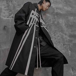 IEFB Hip Hop fashion design ribbon patchwork color block mid length black windbreaker high street trend trench coat 9Y4369 210524