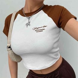 Brown Letter Embroidery Y2k Crop Top Women Summer Harajuku O-Neck T-Shirts For Girls With Short Sleeve Cotton Tee Female 210510