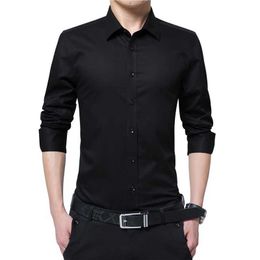 Men Dress Shirt Fashion Long Sleeve Business Social Shirt Male Solid Colour Button Down Collar Plus Size Work White Black Shirt 210628