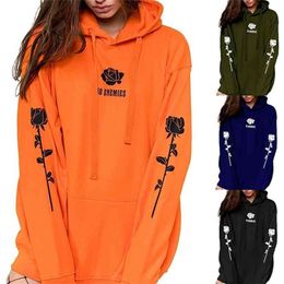 Oversized Hoodies Women Floral Printed Long Sleeve Hooded Sweatshirts Pullover 210803