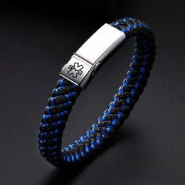 Link, Chain Free Men Bracelet,Black Blue Weave Leather Bracelet For Stainless Steel Buckle