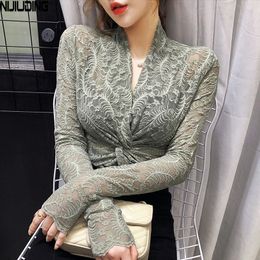 Women Floral Lace Blouses Long Sleeve Tops Ladies Hollow Out Cross Deep V-neck Shirt Autumn Spring Elegant Solid Top S-XXL 210317