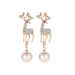 Christmas elk diamond earrings temperament Korean cute little animals pearl earring ear clip adjustable deer Earrings