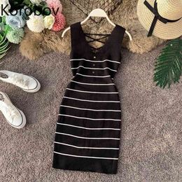 Korobov New Vintage Striped Sexy Bodycon Dress Women Vestidos V Neck Knitted Tank Dresses Slim Bandage Button Robe Femme 78489 210430