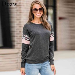Women Hoodies And Sweatshirts Autumn Leopard Print Long Sleeve Caual Pullover Fashion Stripe Patchwork O-neck Top Sudaderas 210515