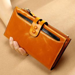 Women's Leather Multiple Card Slots Retro Oil Wax Skin Wallet Long Swiping Clutch