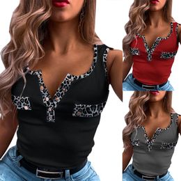 Women Stylish SleevelV Neck Buttones Leopard Patchwork Tank Top Vest Blouse X0507