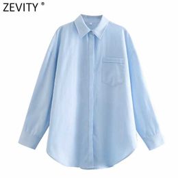 Zevity Spring Women Simply Solid Colour Single Pocket Casual Loose Blouse Office Lady Oversize Shirt Chic Chemise Tops LS7505 210603