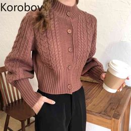 Korobov Autumn New Preppy Style Vintage Women Sweater Slim Puff Sleeve Crop Sweaters Solid Korean Single Breasted Cardigan 78646 210430