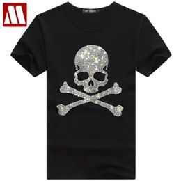 New Skull Hot Drilling T-Shirt Men's Black White Cotton Short Tshirt High Quality Rhinestone Top Tees Shirt Male Shining lights 210324