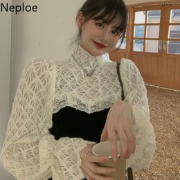 Neploe Chic Women's Shirt Patchwork Lace Fake Two Blouses Women Turtleneck Flare Sleeve Blouse Temperament Elegant Tops Mujer 210422