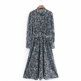 Summer Women Vintage Shirts Dress Long Sleeve Sashes Animal stripes Print es Female Elegang Fashion vestidos 210513