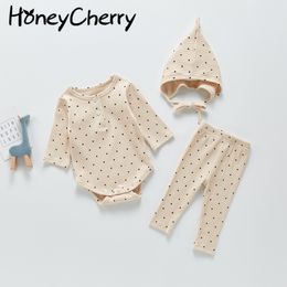 spring and autumn baby romper suit polka dot bottoming + leggings hat three-piece 210515