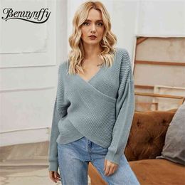 Surplice Neck Crossover Wrap Knitted Sweater Women Autumn Winter Korean Fashion Drop Shoulder Pullover Sexy Jumper 210510