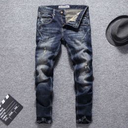 Italian Style Fashion Men Jeans Distred Dark Blue Spliced Designer Ripped Slim Fit Vintage Retro Denim Punk Pants