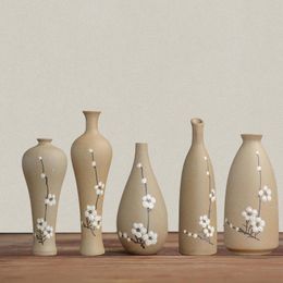 Vases Chinese Style Plum Blossom Ceramic Zen Small Vase Tea Room Decoration Retro Blank Hand-Painted Flower Arrangement