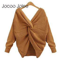 Jocoo Jolee Autumn V Neck Twisted Back Sweater Fashion Knitted Pull Sweater Casual Pullover Tops Femme Jumpers 7 Colours 210518