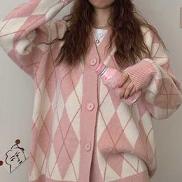 Cardigan Women Winter Chic Sweater Jacket Girl Knitted Argyle Coat Loose All Match Student Korean Knitwear Pink Tops Sweat Femme 210928