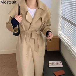 Winter Double-breasted Belted Woolen Coats Women Cloak Style Turn-down Collar Pockets Female Overcoats Vintage Blend Coat Femme 210513