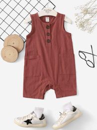 Baby Patched Pocket Half Button Romper SHE