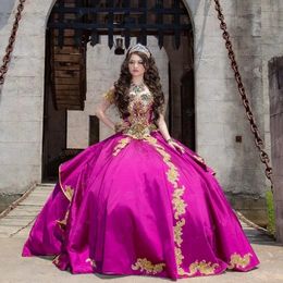 Luxury Fuchsia Beaded Ball Gown Quinceanera Dresses With Gold Lace Off Shoulder Beads Sleeveless Prom Party Sweet 16 Dress Vestidos De 15 Anos XV Luxury Fuchsia Beaded Ball Gown Quinceanera Dresses With Gold Lace Off Shoulder Beads Sleeveless Prom Party Sweet 16 Dress Vestidos De 15 Anos XV