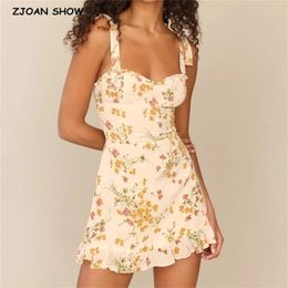 Summer Ivory Colour Floral Print Women Dress Ruffles hem Tie Bow Strap Sleeveless Mini Sexy Beach Holiday Vintage 210429