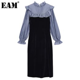 [EAM] Women Blue Spliced Casual Dress Peter Pan Collar Puff Sleeve Loose Fit Fashion Spring Autumn 1DD6912 21512