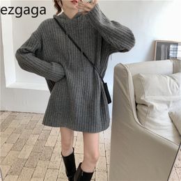 Ezgaga Long Sweater Pullover Streetwear Women Autumn Winter Hooded Loose Outwear Harajuku Knit Tops Solid Soft Fashion Jumper 210430