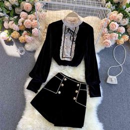 Women Fashion Stand Neck Double-row Buckled Retro Velvet Tops Shirts + High Waist Shorts Two-piece Sets Q969 210527