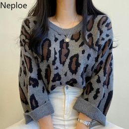 Women's Sweaters Neploe Woman Korean Chic Leopard Print Knitting Pullovers Tops Mujer Pull Femme Loose Casual Jumper 2021 Fall Clothing