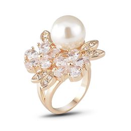 Wedding Rings Oversized Pearl Large Zircon Flower Ring For Women