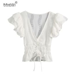 Women Sweet Fashion Ruffles Tie Drawstrings Short Blouses Vintage V Neck Short Ruffled Sleeves Shirts Casual Chic Tops 210520