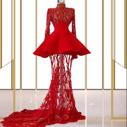 Plus Size Long Sleeve Red Prom Dresses Lace Elegant Cocktail Party Dress For Women Vestido De Novia Dance Performance Gowns