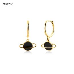 ANDYWEN 925 Sterling Silver Gold Black Enamel Globe Charm Drop Earring Dangle Piercing Pendiente Clips Jewelry For Women 210608